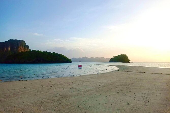 Krabi 7 Islands Sunset Tour BBQ Beachside Dinner + Plankton Swim - Tup Island sandbar trick: walking when the tide plays along