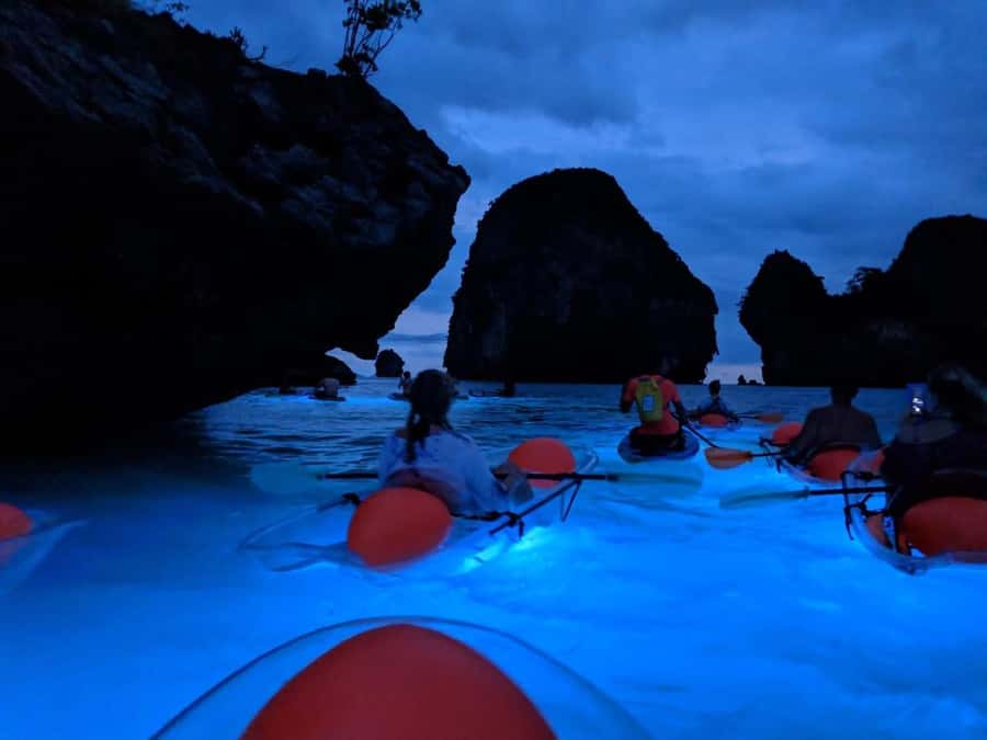 Railay: Illuminated Clear Kayak Night Tour Bioluminescence - Paddling the limestone cliffs at dusk: caves, caverns, and flying foxes